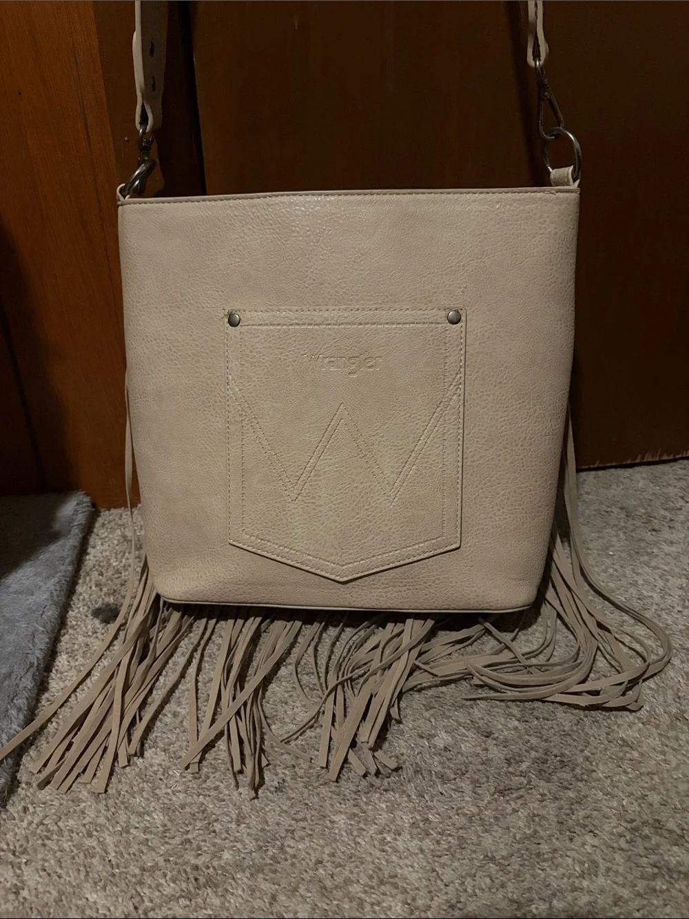 Wrangler Taupe Fringe Crossbody Bag with Embossed Floral Panel